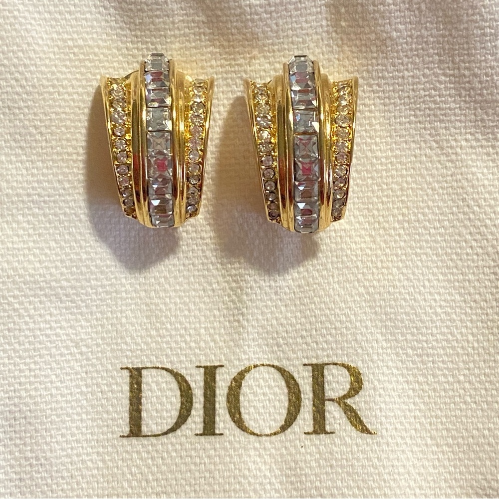 Gorgeous Vintage Christian Dior Art Deco Baquette Rhinestone Clip On Earrings - Picture 7 of 8